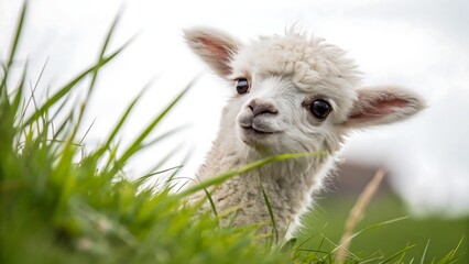Fluffy Baby Alpaca with Big Curious Eyes Peeking Through Grass