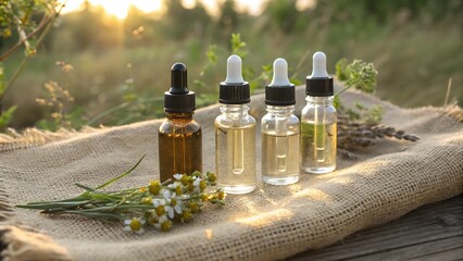 Four Dropper Bottles of Essential Oil With Chamomile and Herbs
