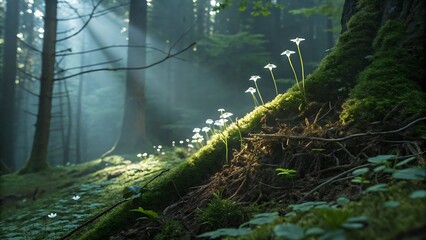 Glowing Bioluminescent Flora in a Misty Forest Sunlight
