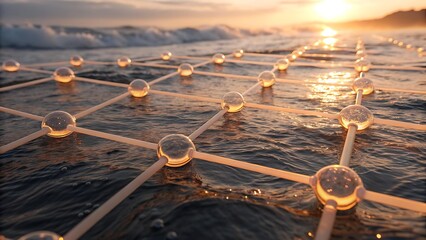 Glowing Geometric Network Over Sunset Ocean Waves