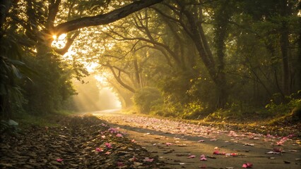 Golden Hour Sunlight Streams Through a Dense Forest Canopy onto a Leaf-Strewn Path