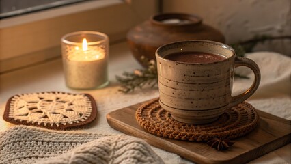 Handmade Ceramic Mug Filled with Warm Cocoa and Candlelit Ambiance