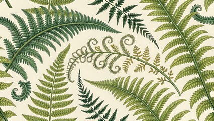 Intricate Botanical Illustration of Detailed Fern Leaves in a Repeating Pattern on a Textured Background