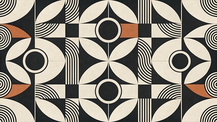 Intricate Midcentury Abstract Geometric Pattern with a Touch of Orange