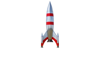 Isolated rocket ship, classic red striped spaceship ready to launch into outer space