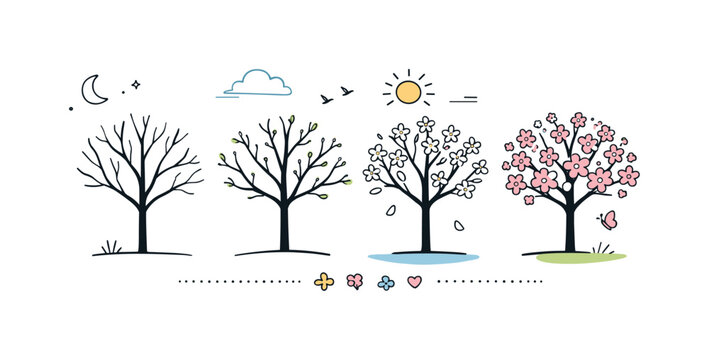 Spring Renewal Illustration. Bare trees to bloom concept. A calm editorial scene showing trees transitioning from bare branches to soft spring blossoms,