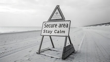 Secure Area Stay Calm Warning Sign on a Sandy Beach