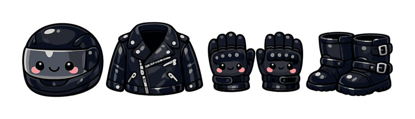 Fototapeta premium Cute cartoon motorcycle gear set with black helmet, jacket, gloves, and boots