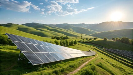 Vast Solar Panel Array Under Bright Sunlight in Rolling Green Hills