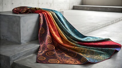 Vibrant tie-dyed fabric with swirling patterns draped over steps
