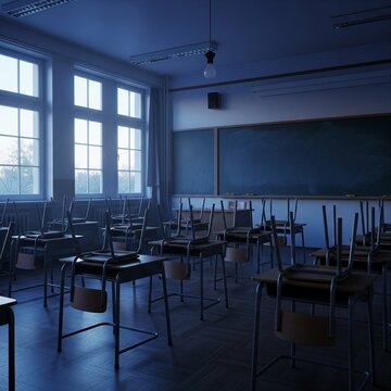 Eerie silence in a deserted school classroom after hours.