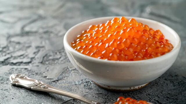 White bowl and silver spoon with red caviar on gray surface