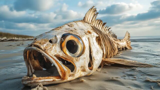 Dead fish washes up on beach showing bones and eye near water on cloudy day