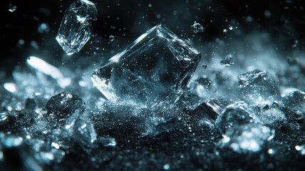 Shattering Ice Fragments on Dark Background with Motion and Particles ice fragments motion particles