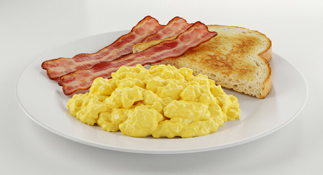 Gros plan d�taill� r�v�le la texture cr�meuse des �ufs brouill�s le bacon croustillant et le toast dor� sur fond clair. AI Generated