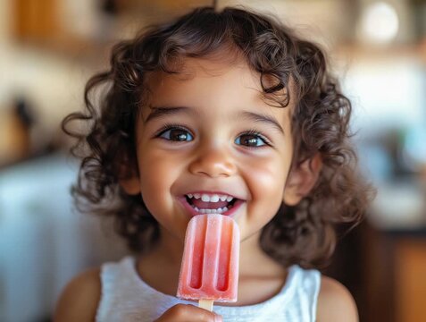 Smiling child enjoys a colorful popsicle in a bright kitchen during a sunny day