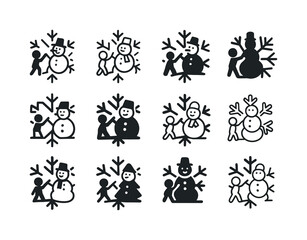 Snowman Icons Collection. Snowman-building contest and snow activities. Icon set. Set Logo of Snowman-building contest and snow activities: