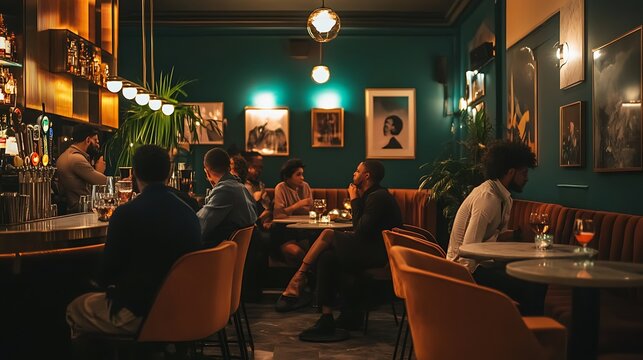 Sophisticated patrons enjoying craft cocktails and conversation inside a dimly lit, upscale bar featuring deep teal walls and contemporary artwork.