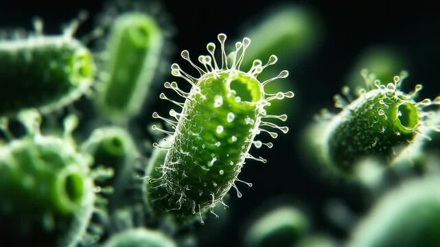 Microscopic view of green bacteria showing shapes and structures in high detail with focus on their features