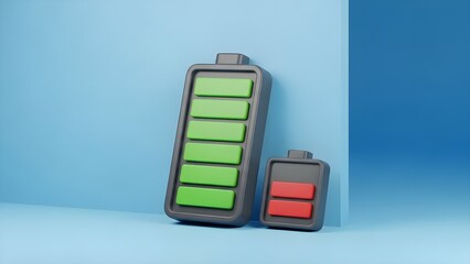 Comparison of a completely charged green battery icon next to a nearly depleted red battery icon in a three dimensional rendering on white background