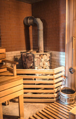 Wooden steam room in sauna.