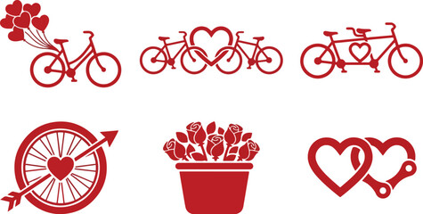  Happy Valentine's Day 2026 Red Bicycle Silhouette Icon Set with Hearts and Romantic Elements Isolated on White Background