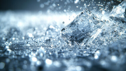 Shattering Ice Cube - Dynamic Close-up of Ice Shards and Water Splashes ice shattering shards water