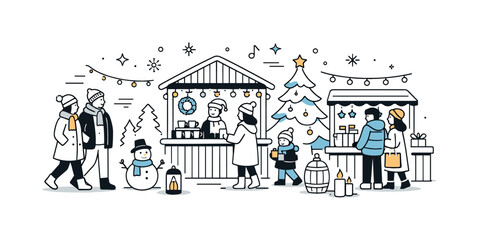 Naklejka premium Christmas Market Stroll. Visiting Christmas market. People walking between festive stalls with lights and decorations, calm winter stroll and cozy holiday