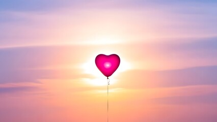 Romantic Heart Balloon Silhouette Floating at Sunset Sky for Valentine&rsquo;s Day Love Concept