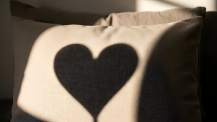 Minimal Heart Shadow on Pillow Surface Created by Warm Natural Light
