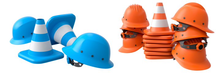 Stack of construction helmets and traffic cones isolated white background with clipping path, representing safety equipment