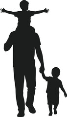 Father carrying one child on shoulders and holding hand of another child walking together silhouette