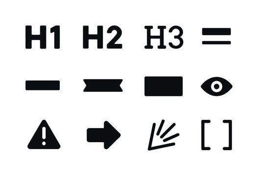 Black Icon Grid. Headline design. Solid icon set of headline design: bold H1, bold H2, outline H3, underline headline, highlight bar, text banner, header