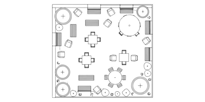 Outdoor furniture CAD blocks, benches tables umbrellas, top view architectural site plan style, vector &ndash; Premium Architectural CAD Vector Collection