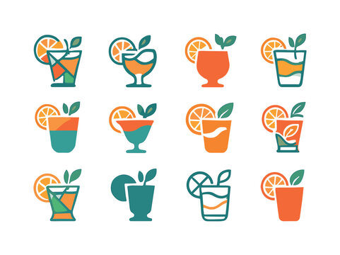 Colorful Cocktail Icons. A collection of colorful cocktails garnished with fruit and herbs. Icon set. Set Logo of colorful cocktails garnished with fruit and