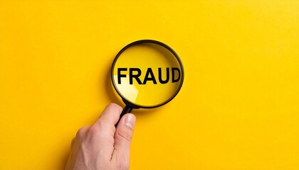 Hand holding magnifying glass over “FRAUD” on yellow background, symbolizing scrutiny and investigation.