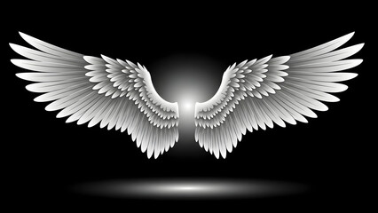 A pair of majestic white angel wings spread open against a dark background, radiating a soft glow
