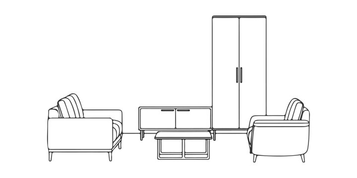 Side view modern furniture CAD drawings, sofa chair table cabinet, architectural elevation style, black outline, vector &ndash; Premium Architectural CAD Vector Collection