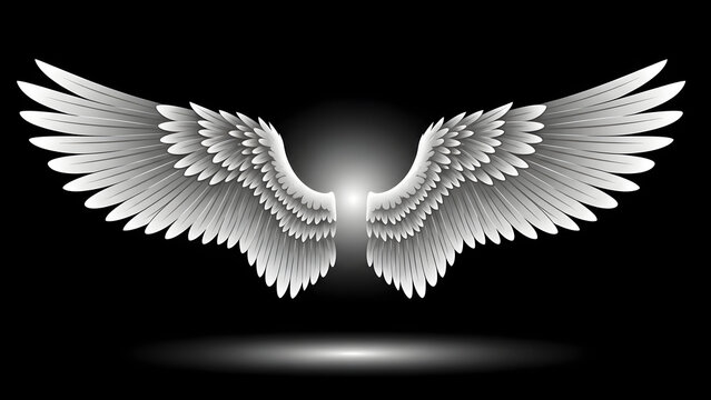 A pair of majestic white angel wings spread open against a dark background, radiating a soft glow - Powered by Adobe