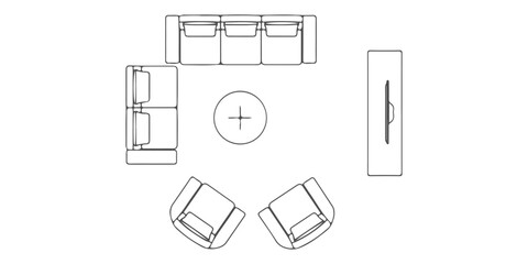 Top view living room furniture CAD drawings, sofa armchair coffee table tv unit, architectural plan symbols, black outline, vector &ndash; Premium Architectural CAD Vector Collection