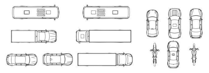 Top view vehicles CAD blocks, cars buses trucks motorcycles bicycles, urban planning symbols, vector illustration – Premium Architectural CAD Vector Collection