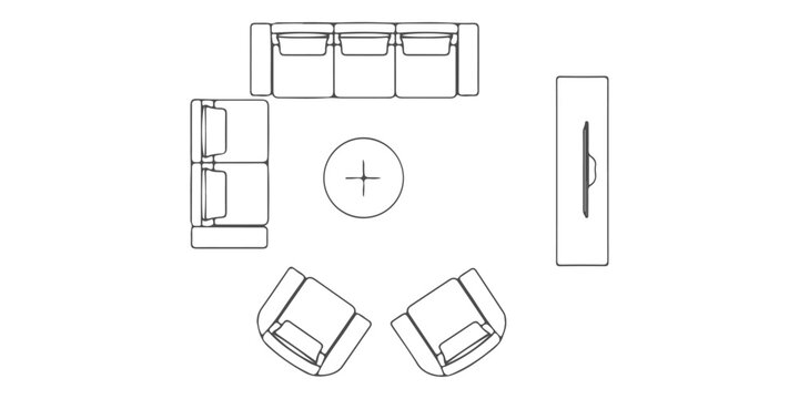 Top view living room furniture CAD drawings, sofa armchair coffee table tv unit, architectural plan symbols, black outline, vector &ndash; Premium Architectural CAD Vector Collection