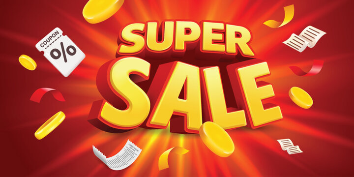 Super Sale Promotion Background with 3D Yellow Super Sale Text, Discount Marketing Concept, Bright Red Advertising Design