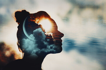 Sun and crescent moon with clouds in female head. Woman mindset duality psychology mental health...