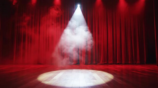 Dramatic red stage with spotlight and smoke ready for performance