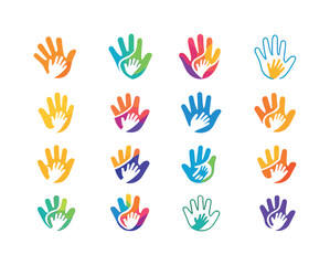 Fototapeta premium Parent-Child Icon Set. Parent-child connection. Icon set. Set Logo of parent-child connection: joined handprints. harmonious logo variations of the same