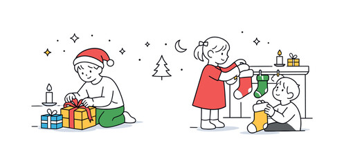 Christmas Eve Anticipation. Christmas Eve traditions anticipation. Children preparing gifts or placing stockings with gentle excitement, calm movements and
