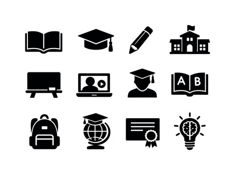Education Icon Set. Education for poverty reduction. Solid icon set of education for poverty reduction: open book, graduation cap, pencil, school building,