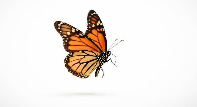 Magnifique papillon Monarque ailes orange noir s'envole gracieusement sur fond blanc pur �clairage studio. AI Generated
