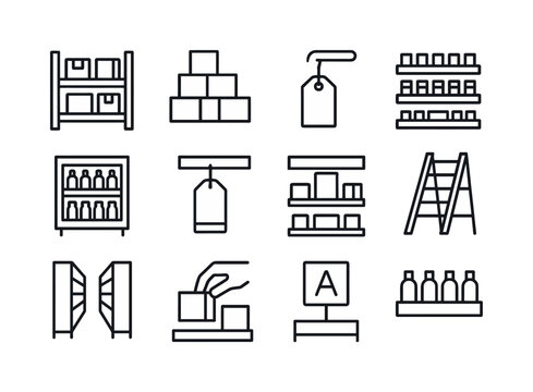 Product Shelving Icons. Product Shelving. Line icon set of Product Shelving: store shelf, stacked boxes, hanging item, product row, display case, shelf label,